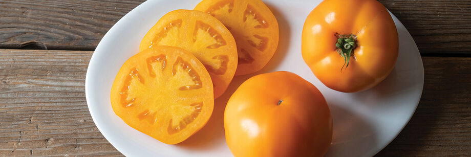 Yellow tomatoes on a plate: both whole and slices.