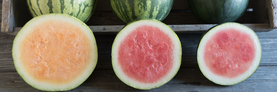 Three seedless watermelons, cut open to show pink (and in one case, orange) interiors.