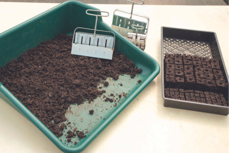 Soil blocking tray with soil and soil blockers